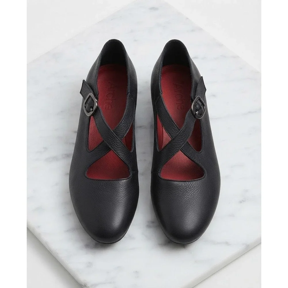 Arche Mary Jane Flats 36 Black Leather Criss Cross Strap Buckle Low Wedge France